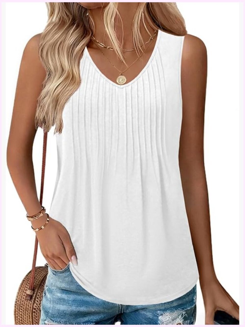Sleeveless V Neck Pleated Loose Fit Flowy Boho Tank Top